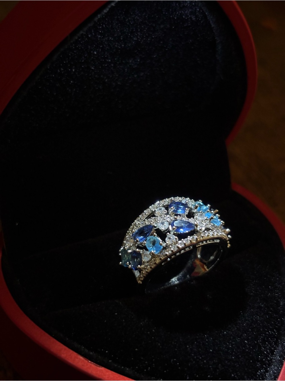 Silver Band Ring with Blue Gemstones and Clear Accents